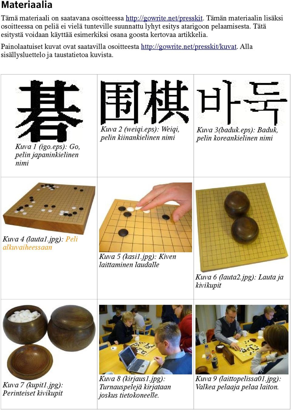 Alla sisällysluettelo ja taustatietoa kuvista. Kuva 1 (igo.eps): Go, pelin japaninkielinen nimi Kuva 2 (weiqi.eps): Weiqi, pelin kiinankielinen nimi Kuva 3(baduk.