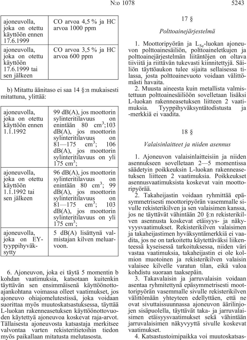 1999 tai sen jälkeen CO arvoa 4,5 % ja HC arvoa 1000 ppm CO arvoa 3,5 % ja HC arvoa 600 ppm b) Mitattu äänitaso ei saa 14 :n mukaisesti mitattuna, ylittää: ajoneuvolla, joka on otettu käyttöön ennen