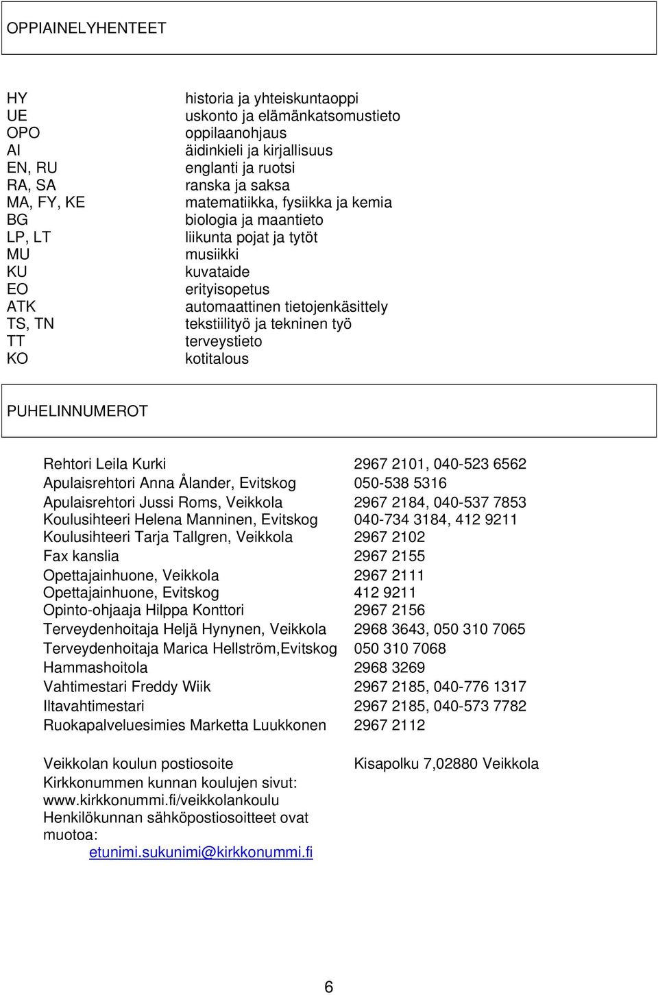 tekninen työ terveystieto kotitalous PUHELINNUMEROT Rehtori Leila Kurki 2967 2101, 040-523 6562 Apulaisrehtori Anna Ålander, Evitskog 050-538 5316 Apulaisrehtori Jussi Roms, Veikkola Koulusihteeri