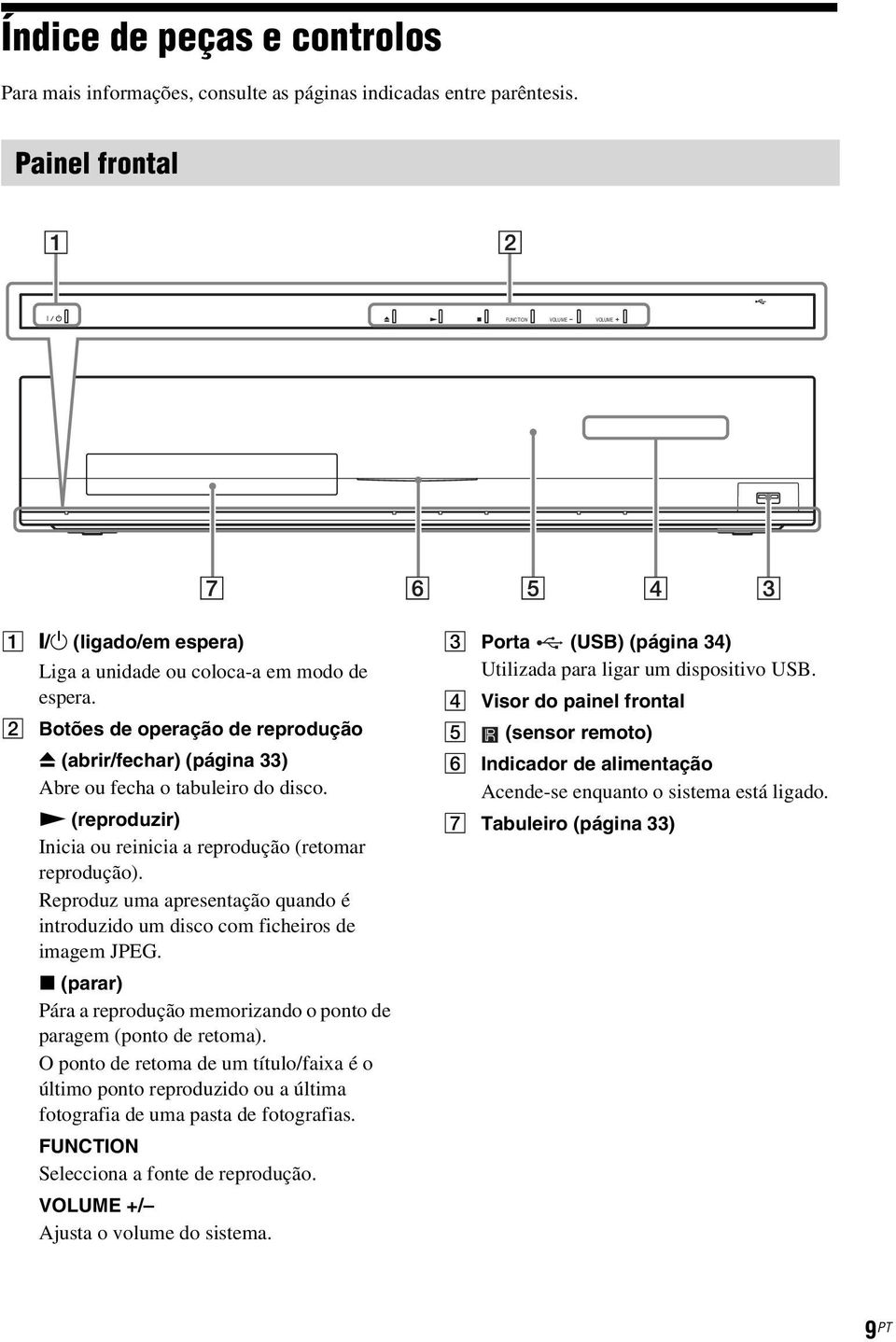 B Botões de operação de reprodução Z (abrir/fechar) (página 33) Abre ou fecha o tabuleiro do disco. N (reproduzir) Inicia ou reinicia a reprodução (retomar reprodução).