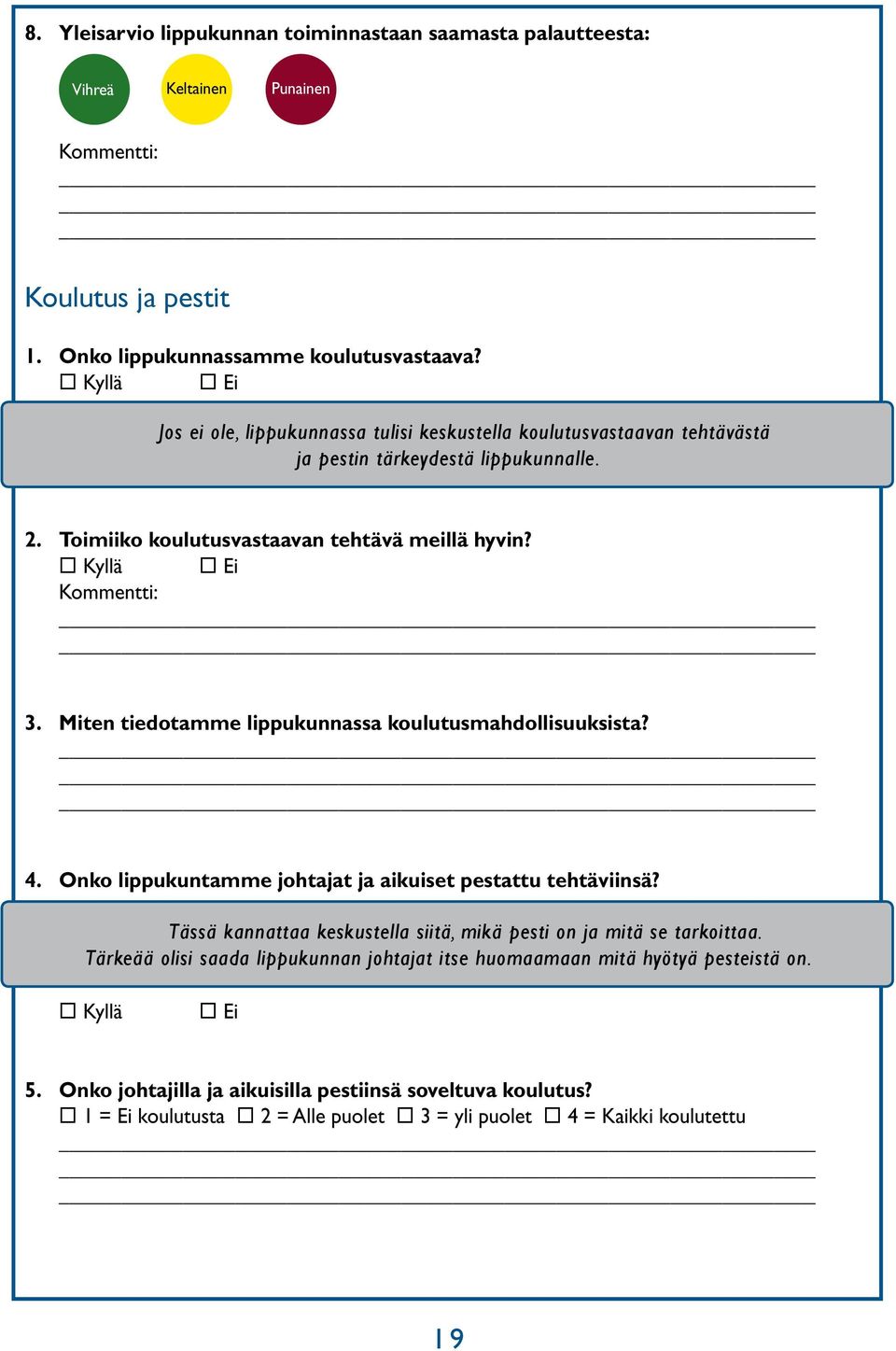 Miten tiedotamme lippukunnassa koulutusmahdollisuuksista? 4. Onko lippukuntamme johtajat ja aikuiset pestattu tehtäviinsä? Tässä kannattaa keskustella siitä, mikä pesti on ja mitä se tarkoittaa.