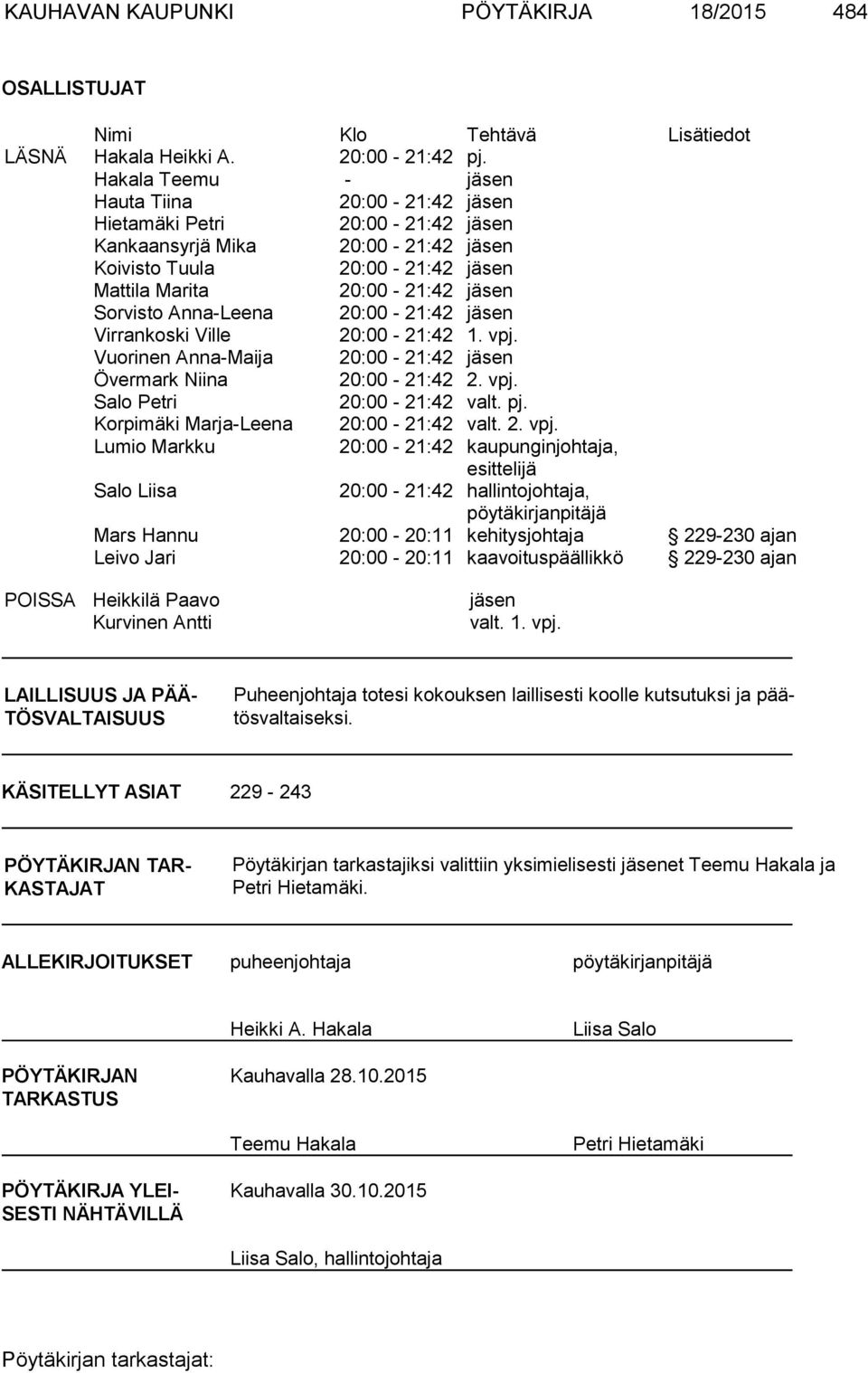 Anna-Leena 20:00-21:42 jäsen Virrankoski Ville 20:00-21:42 1. vpj. Vuorinen Anna-Maija 20:00-21:42 jäsen Övermark Niina 20:00-21:42 2. vpj. Salo Petri 20:00-21:42 valt. pj.