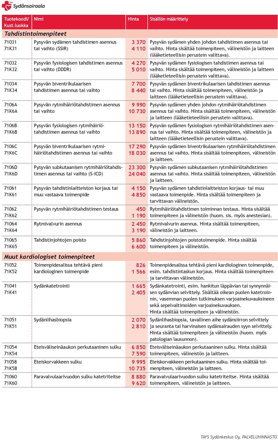 tahdistimen asennus tai vaihto Pysyvän fysiologisen rytmihäiriötahdistimen asennus tai vaihto Pysyvän biventrikulaarisen rytmihäiriötahdistimen asennus tai vaihto Pysyvän subkutaanisen