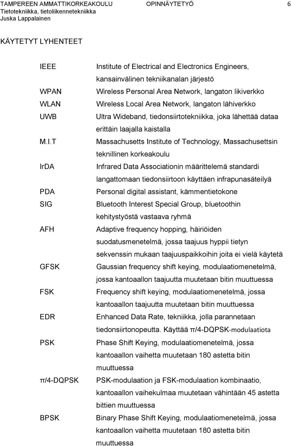 NÄYTETYÖ 6 KÄYTETYT LYHENTEET IE