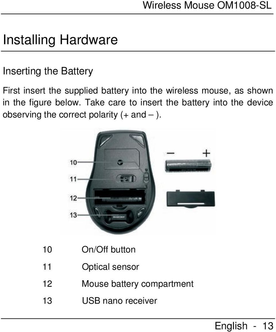 Take care to insert the battery into the device observing the correct polarity (+ and