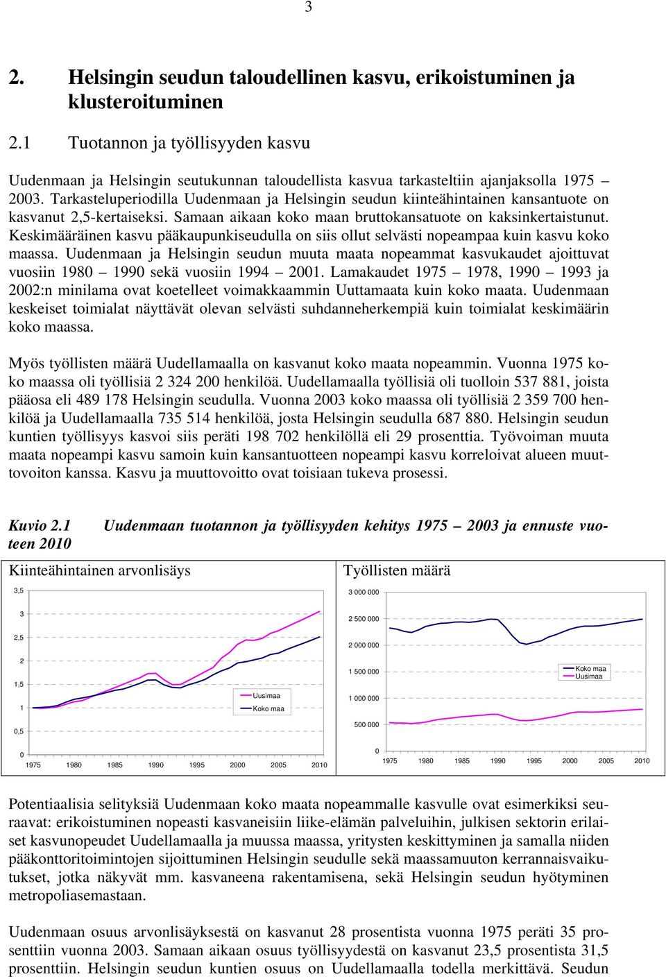 Tarkasteluperiodilla Uudenmaan ja Helsingin seudun kiinteähintainen kansantuote on kasvanut 2,5-kertaiseksi. Samaan aikaan koko maan bruttokansatuote on kaksinkertaistunut.