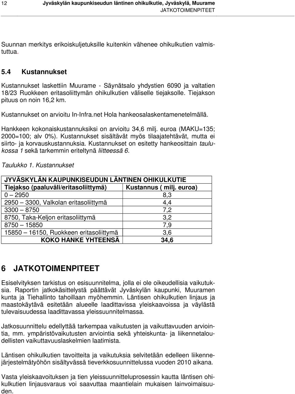 Kustannukset on arvioitu In-Infra.net Hola hankeosalaskentamenetelmällä. Hankkeen kokonaiskustannuksiksi on arvioitu 34,6 milj. euroa (MAKU=135; 2000=100; alv 0%).