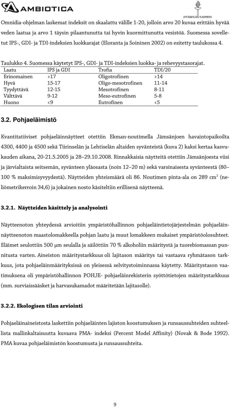 Suomessa käytetyt IPS-, GDI- ja TDI-indeksien luokka- ja rehevyystasorajat.