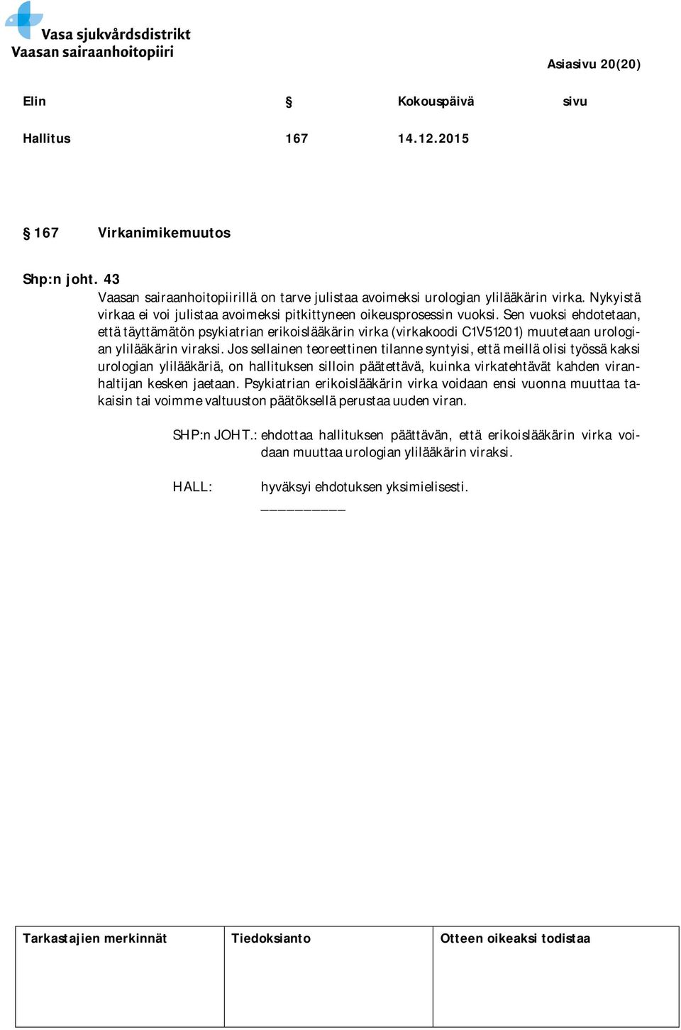 Sen vuoksi ehdotetaan, että täyttämätön psykiatrian erikoislääkärin virka (virkakoodi C1V51201) muutetaan urologian ylilääkärin viraksi.