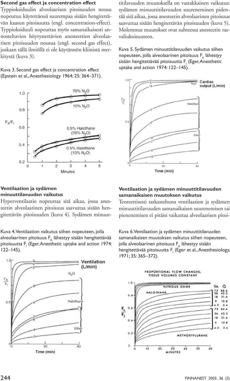 second gas effect), joskaan tällä ilmiöllä ei ole käytännön kliinistä merkitystä (kuva 3). Kuva 3. Second gas effect ja concentration effect (Epstein et al., Anesthesiology 1964; 25: 364 371).