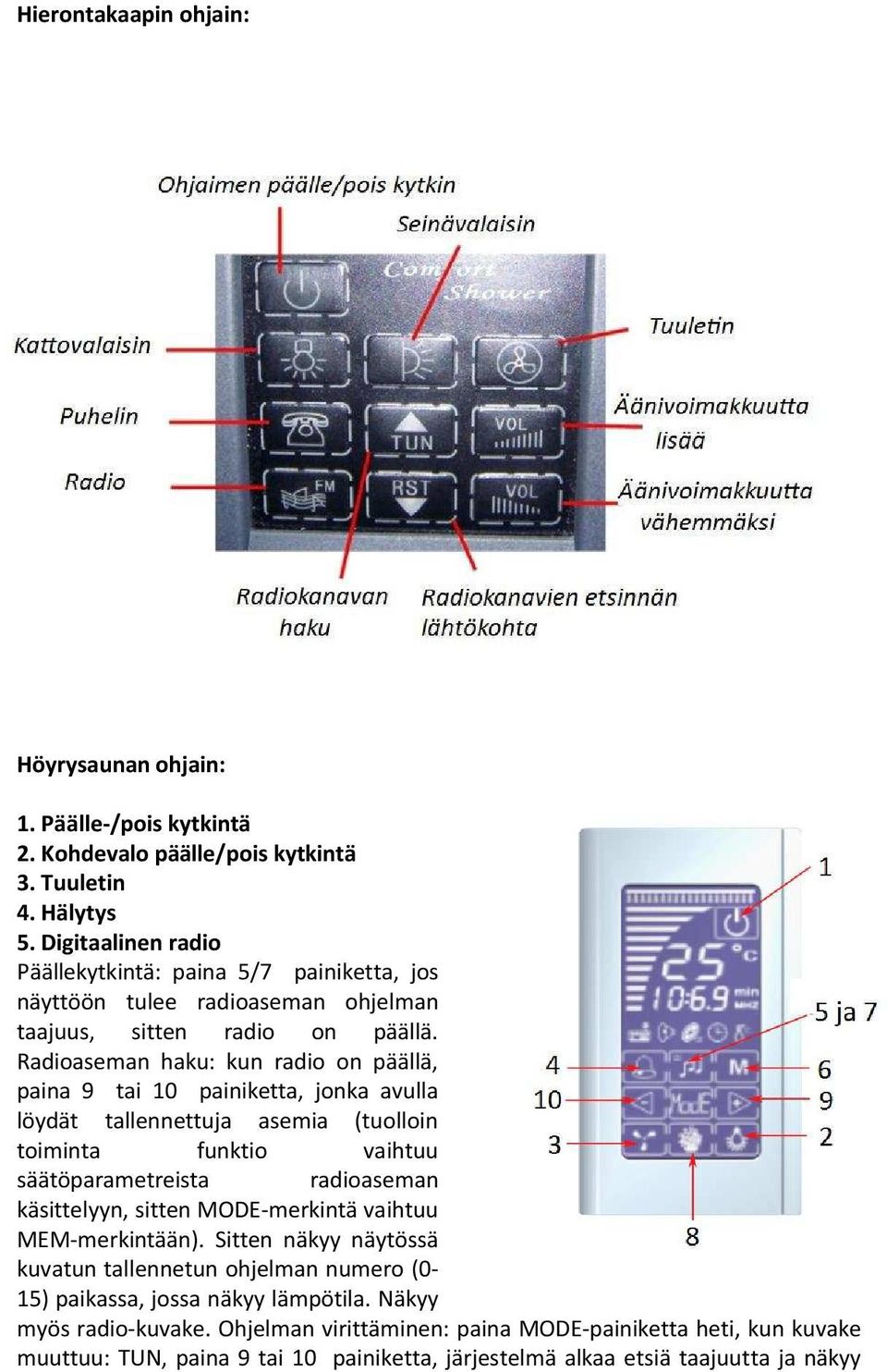 Radioaseman haku: kun radio on päällä, paina 9 tai 10 painiketta, jonka avulla löydät tallennettuja asemia (tuolloin toiminta funktio vaihtuu säätöparametreista radioaseman käsittelyyn,