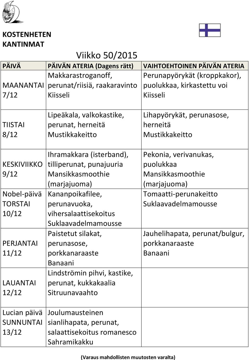 vihersalaattisekoitus Suklaavadelmamousse Paistetut silakat, perunasose, porkkanaraaste Banaani Lindströmin pihvi, kastike, perunat, kukkakaalia Sitruunavaahto Joulumausteinen sianlihapata, perunat,