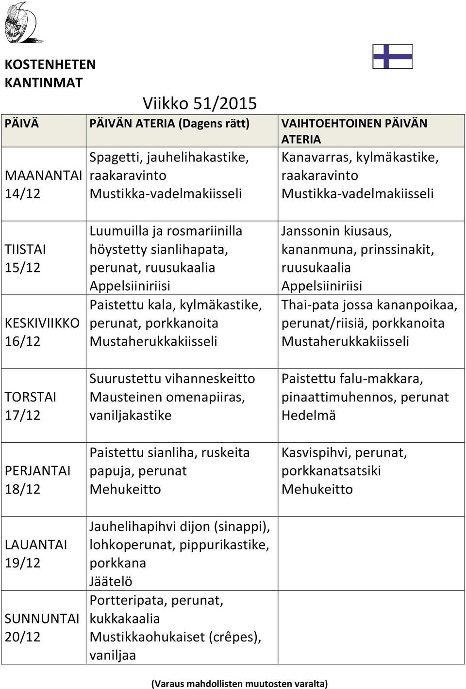 omenapiiras, vaniljakastike Paistettu sianliha, ruskeita papuja, perunat Mehukeitto Jauhelihapihvi dijon (sinappi), lohkoperunat, pippurikastike, porkkana Portteripata, perunat, kukkakaalia