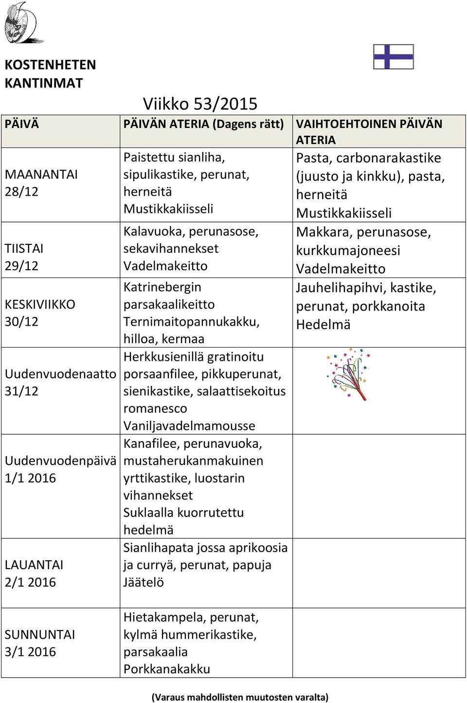 Herkkusienillä gratinoitu porsaanfilee, pikkuperunat, sienikastike, salaattisekoitus romanesco Vaniljavadelmamousse Kanafilee, perunavuoka, mustaherukanmakuinen yrttikastike, luostarin vihannekset