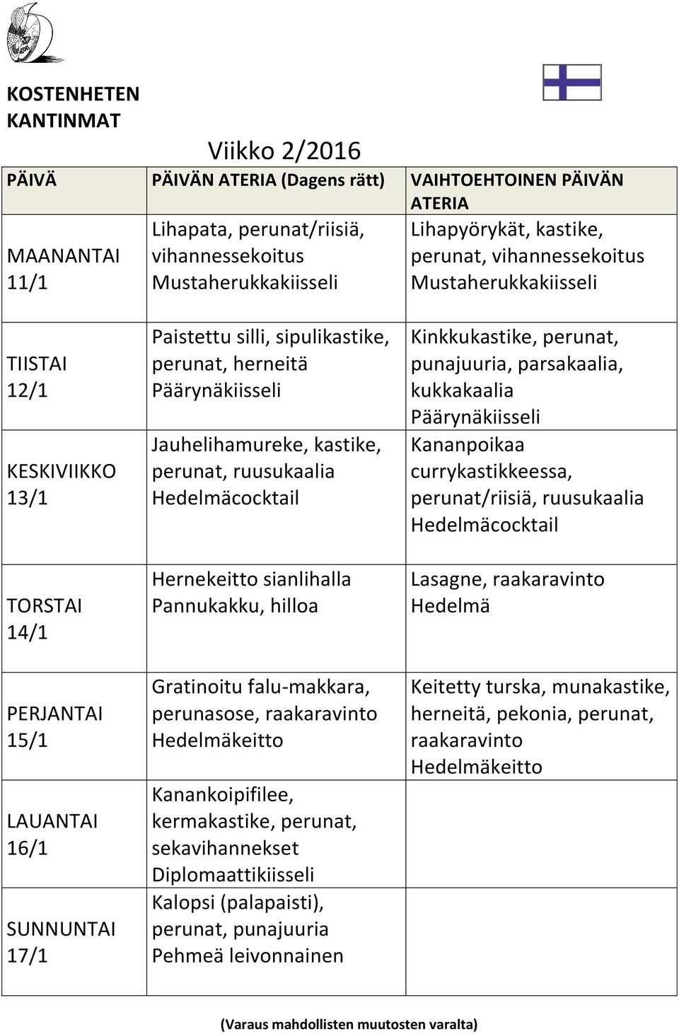 falu-makkara, perunasose, keitto Kanankoipifilee, kermakastike, perunat, sekavihannekset Diplomaattikiisseli Kalopsi (palapaisti), perunat, punajuuria Pehmeä leivonnainen