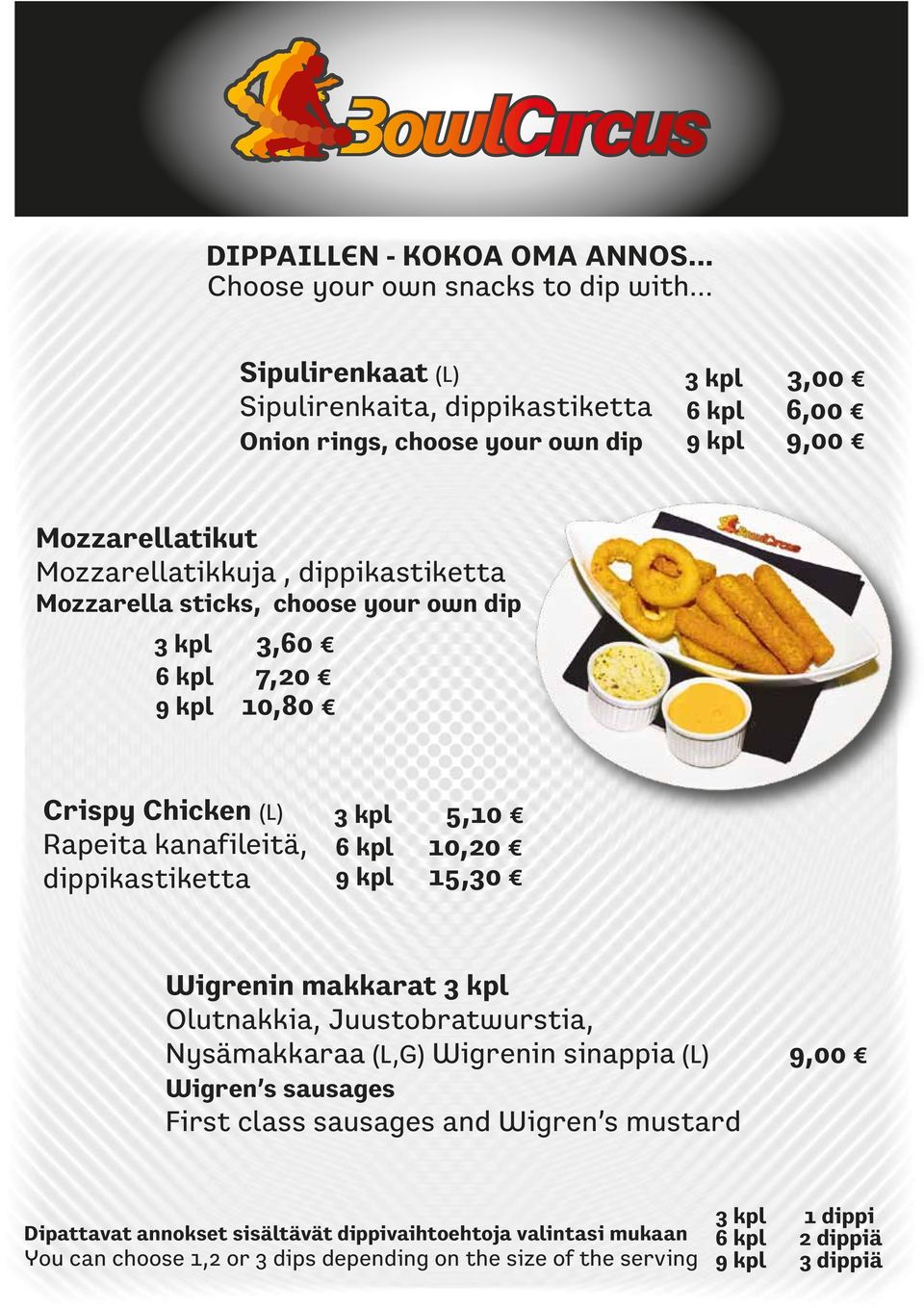 sticks, choose your own dip 3 kpl 3,60 6 kpl 7,20 9 kpl 10,80 Crispy Chicken (L) Rapeita kanafileitä, dippikastiketta 3 kpl 5,10 6 kpl 10,20 9 kpl 15,30 Wigrenin makkarat 3 kpl