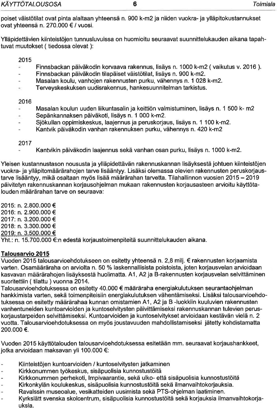 1000 k-m2 (vaikutus v. 2016 ). Finnsbackan päiväkodin tilapäiset väistötilat, lisäys n. 900 k-m2. Masalan koulu, vanhojen rakennusten purku, vähennys n. 1 028 k-m2.