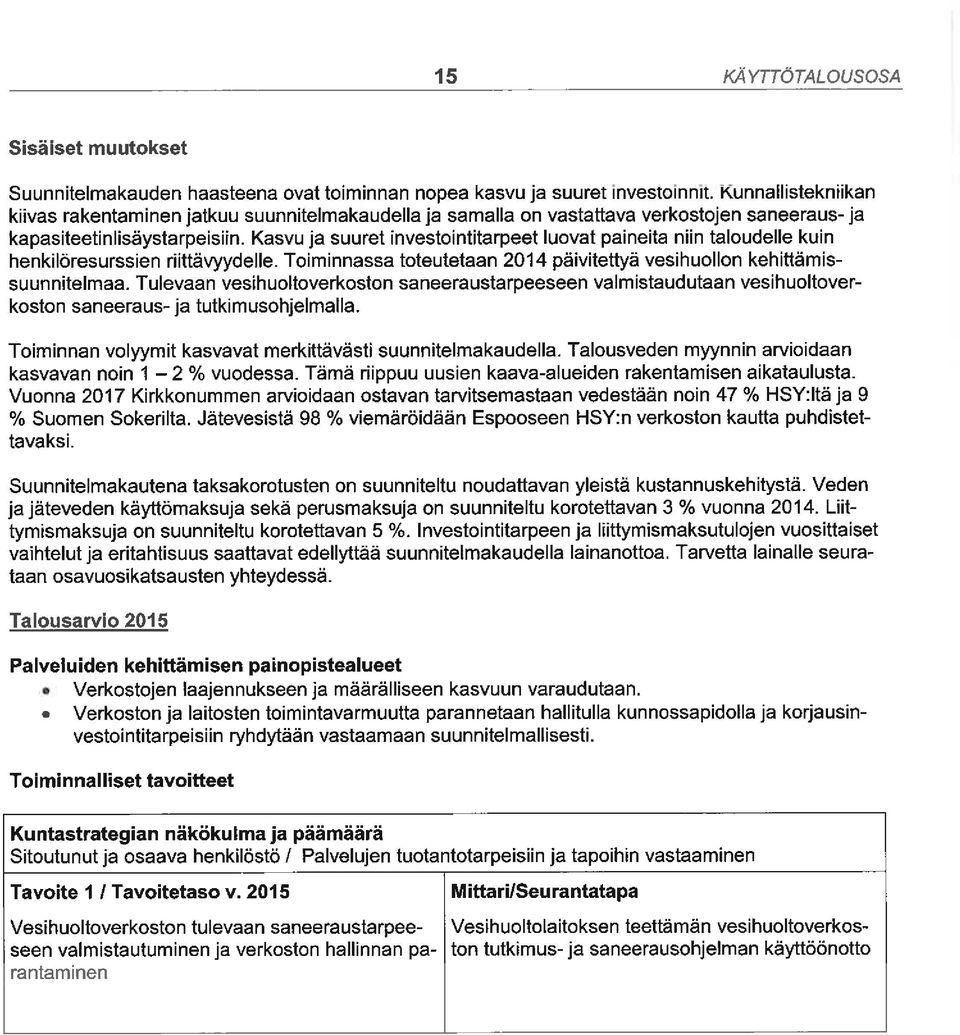 Kasvu ja suuret investointitarpeet luovat paineita niin taloudelle kuin henkilöresurssien riittävyydelle. Toiminnassa toteutetaan 2014 päivitettyä vesihuollon kehittämissuunnitelmaa.