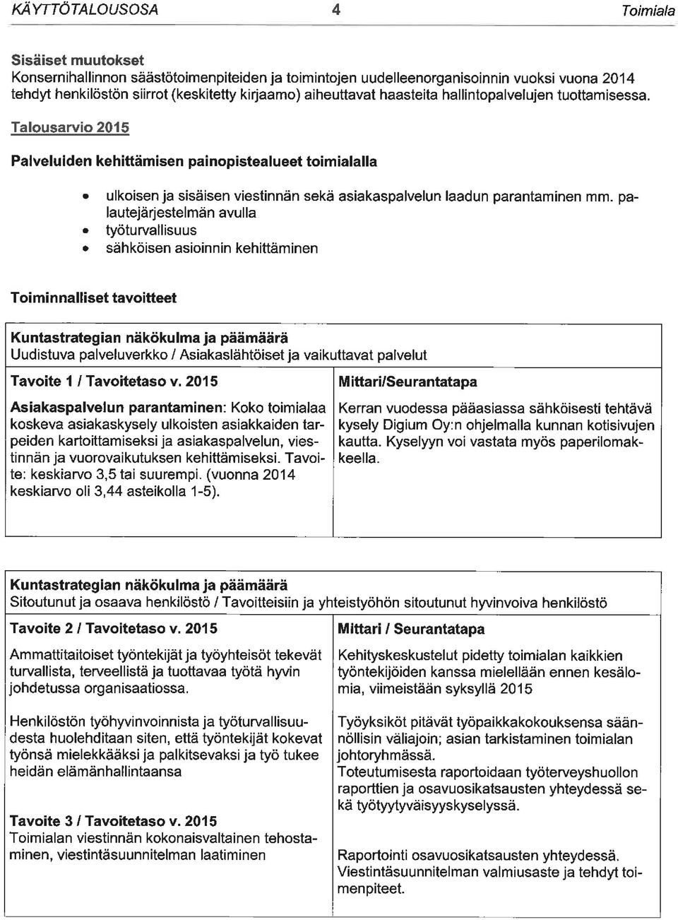 palautejärjestelmän avulla työturvallisuus sähköisen asioinnin kehittäminen Toiminnalliset tavoitteet Kuntastrategian näkökulma ja päämäärä Uudistuva verkko / Asiakaslähtöiset ja vaikuttavat t