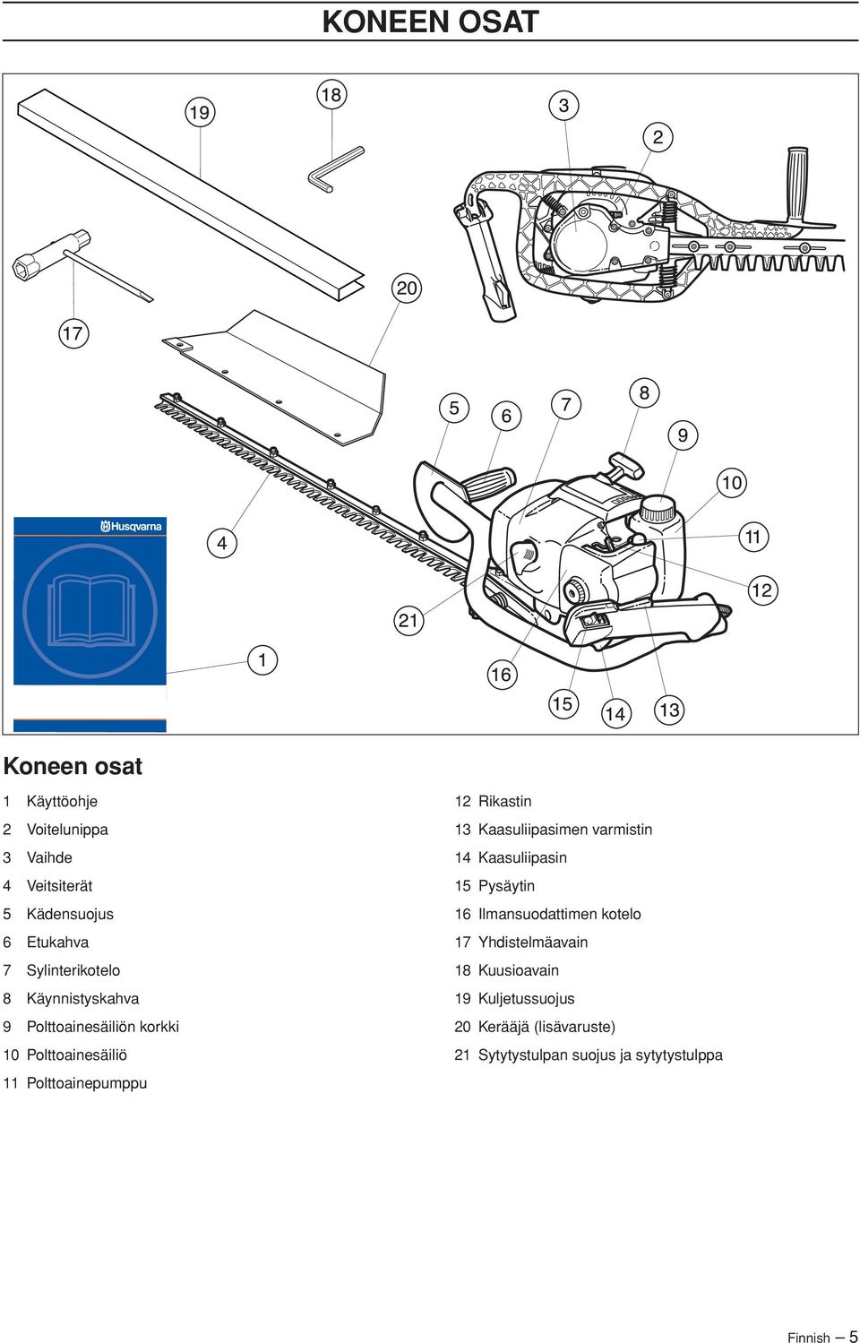 Rikastin 13 Kaasuliipasimen varmistin 14 Kaasuliipasin 15 Pysäytin 16 Ilmansuodattimen kotelo 17