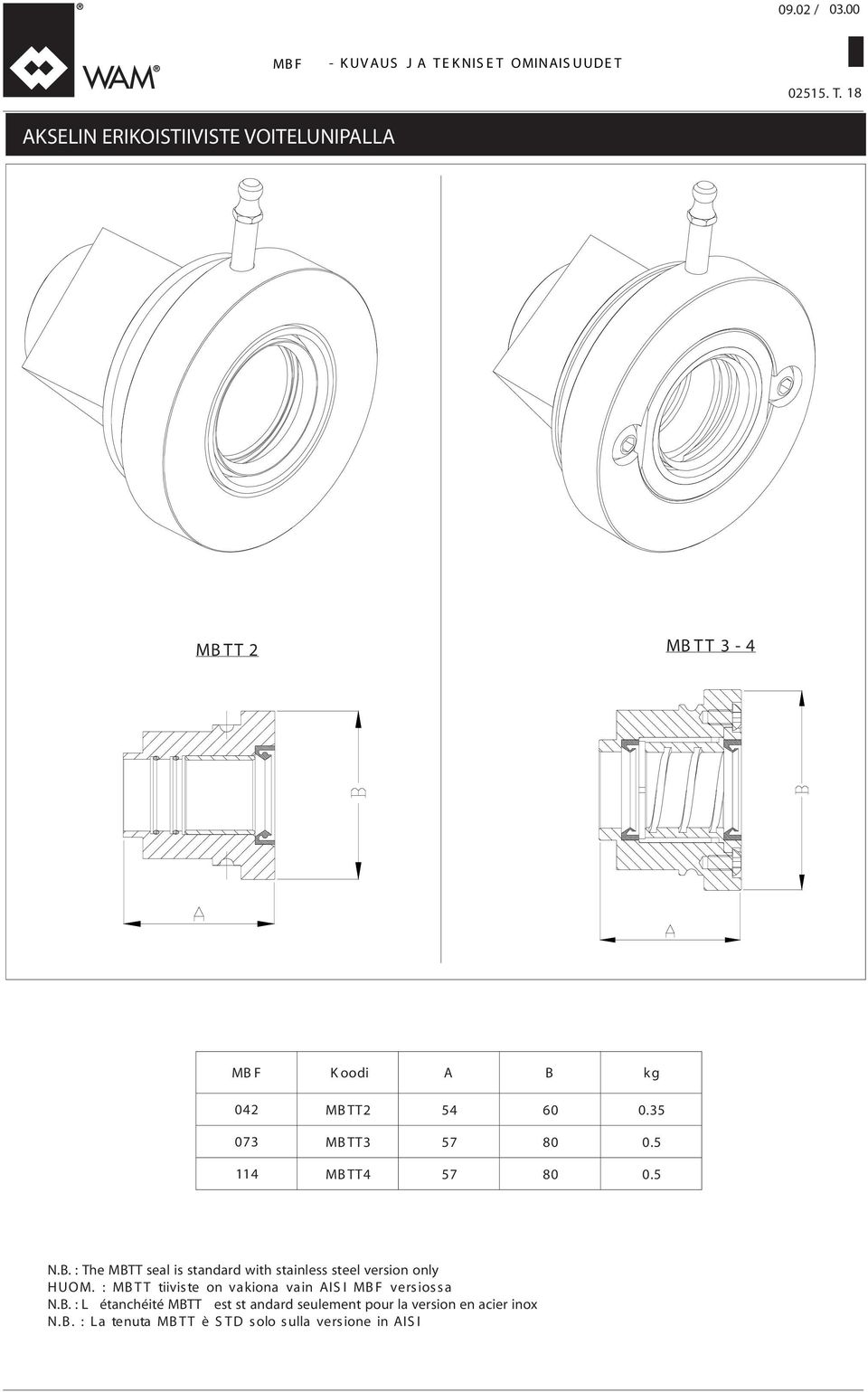 35 073 MB TT3 57 80 0. 5 4 MB TT4 57 80 0. 5 N.B. : The MBTT seal is standard with stainless steel version only HUOM.