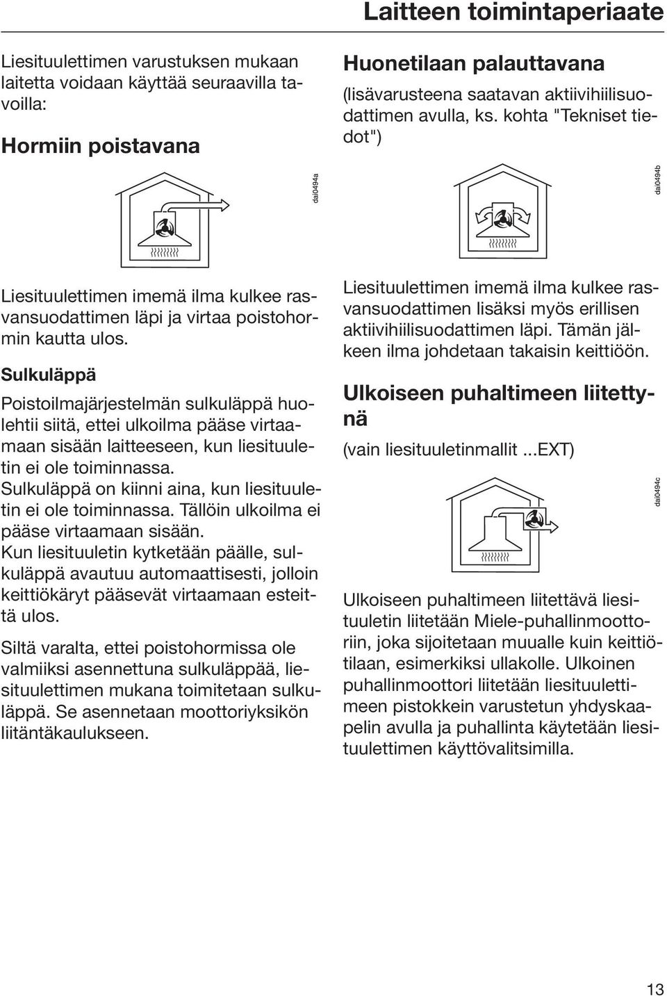 Sulkuläppä Poistoilmajärjestelmän sulkuläppä huolehtii siitä, ettei ulkoilma pääse virtaamaan sisään laitteeseen, kun liesituuletin ei ole toiminnassa.