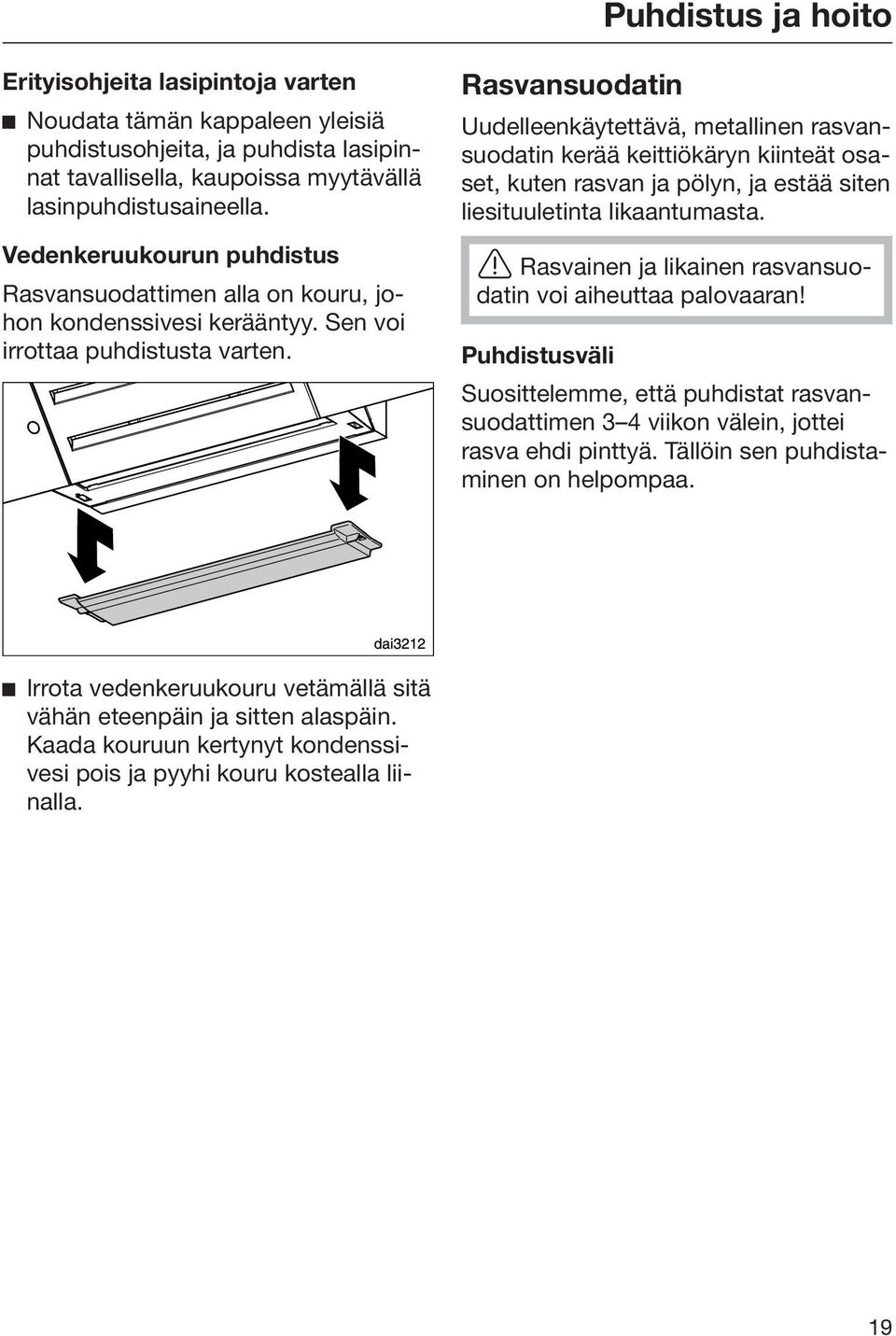 Rasvansuodatin Uudelleenkäytettävä, metallinen rasvansuodatin kerää keittiökäryn kiinteät osaset, kuten rasvan ja pölyn, ja estää siten liesituuletinta likaantumasta.