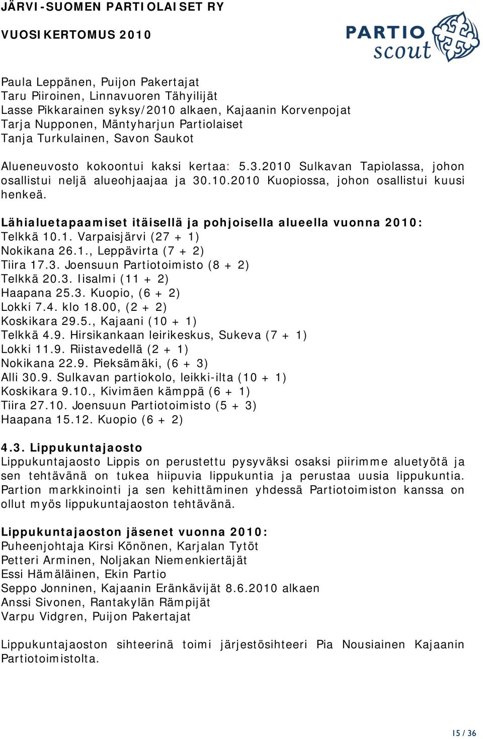 Lähialuetapaamiset itäisellä ja pohjoisella alueella vuonna 2010: Telkkä 10.1. Varpaisjärvi (27 + 1) Nokikana 26.1., Leppävirta (7 + 2) Tiira 17.3. Joensuun Partiotoimisto (8 + 2) Telkkä 20.3. Iisalmi (11 + 2) Haapana 25.