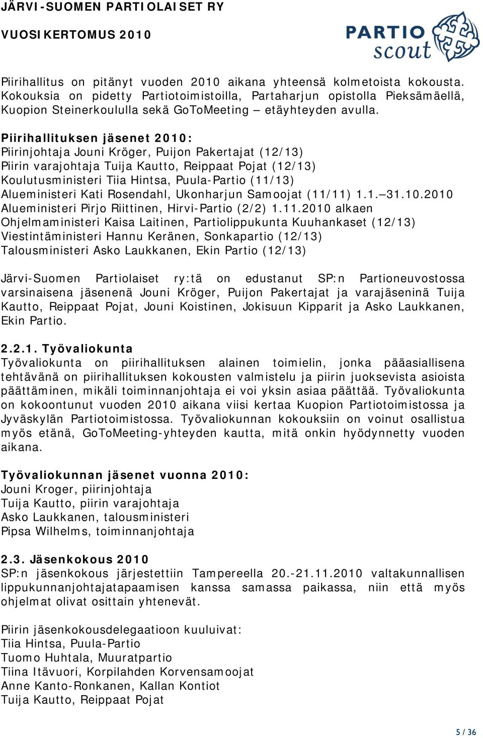 Piirihallituksen jäsenet 2010: Piirinjohtaja Jouni Kröger, Puijon Pakertajat (12/13) Piirin varajohtaja Tuija Kautto, Reippaat Pojat (12/13) Koulutusministeri Tiia Hintsa, Puula-Partio (11/13)