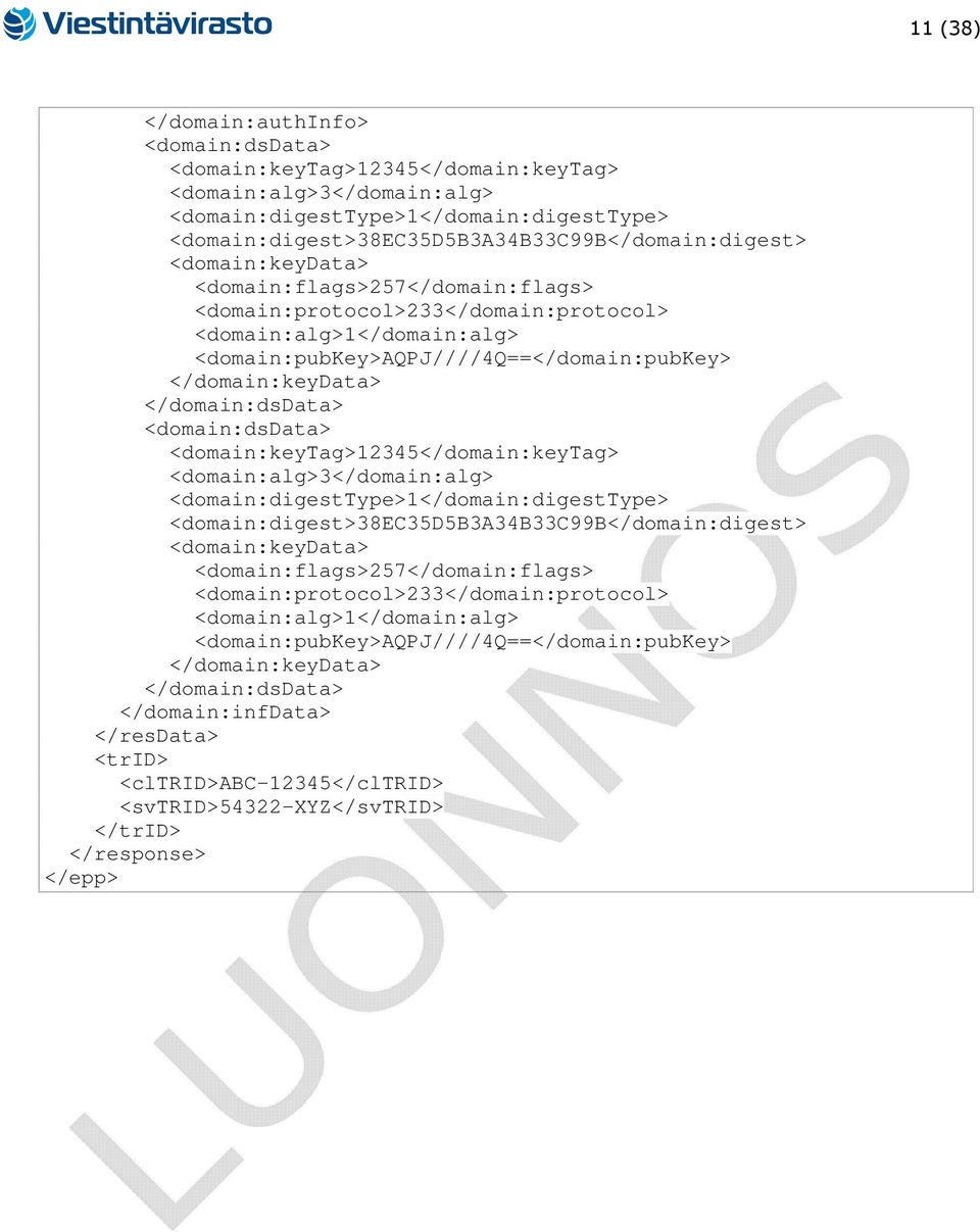 <domain:dsdata> <domain:keytag>12345</domain:keytag> <domain:alg>3</domain:alg> <domain:digesttype>1</domain:digesttype> <domain:digest>38ec35d5b3a34b33c99b</domain:digest>  </domain:infdata>