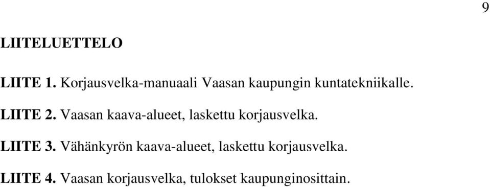 LIITE 2. Vaasan kaava-alueet, laskettu korjausvelka. LIITE 3.