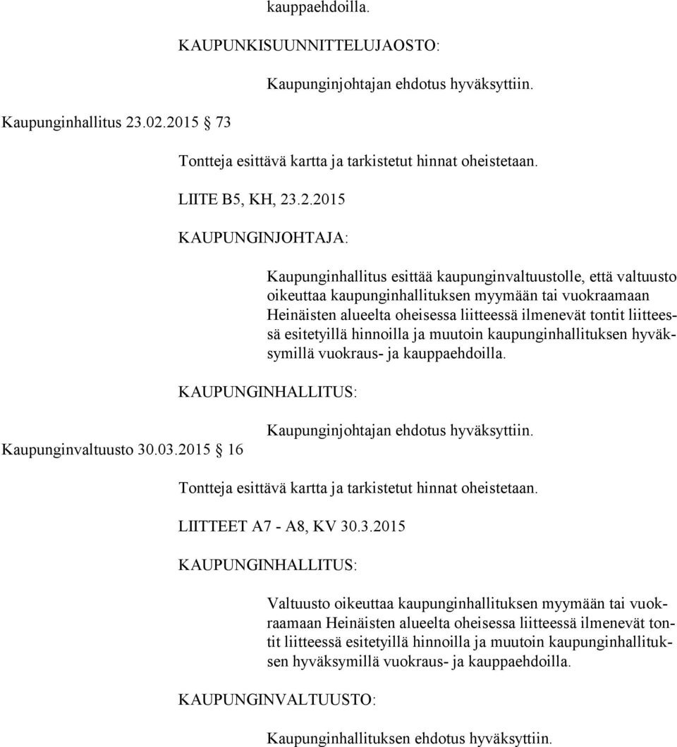 tuus to oikeuttaa kaupunginhallituksen myymään tai vuokraamaan Hei näis ten alueelta oheisessa liitteessä ilmenevät tontit liit teessä esitetyillä hinnoilla ja muutoin kaupunginhallituksen hy väksy