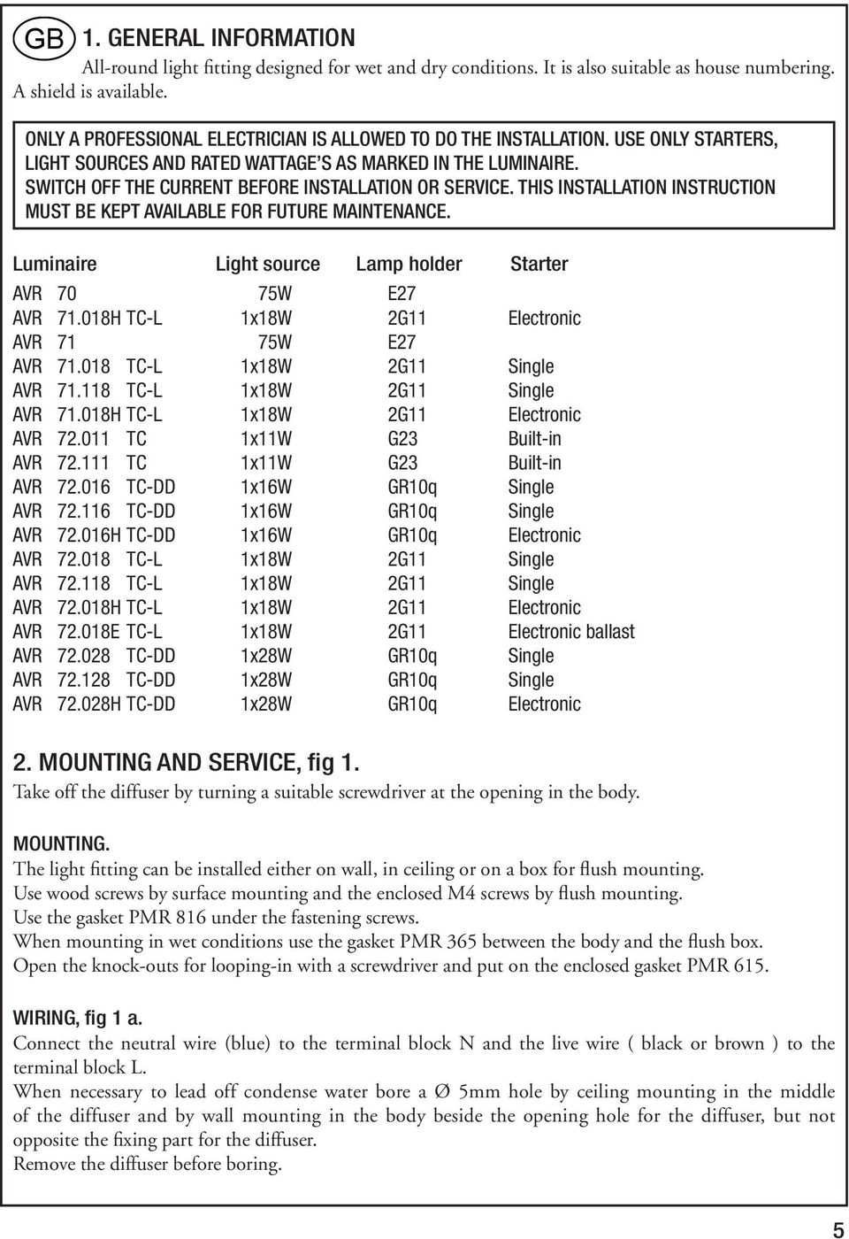 SWITCH OFF THE CURRENT BEFORE INSTALLATION OR SERVICE. THIS INSTALLATION INSTRUCTION MUST BE KEPT AVAILABLE FOR FUTURE MAINTENANCE. Luminaire Light source Lamp holder Starter AVR 71.