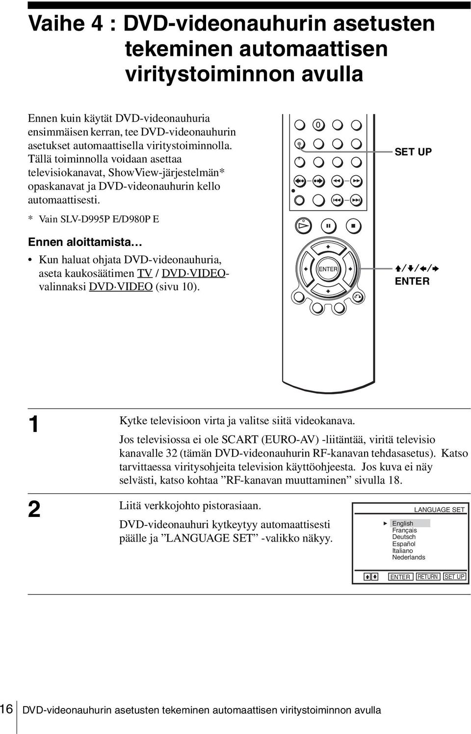 * Vain SLV-D995P E/D980P E Ennen aloittamista Kun haluat ohjata DVD-videonauhuria, aseta kaukosäätimen TV / DVD VIDEOvalinnaksi DVD VIDEO (sivu 10).