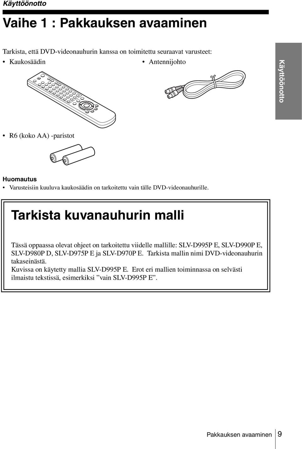 Tarkista kuvanauhurin malli Tässä oppaassa olevat ohjeet on tarkoitettu viidelle mallille: SLV-D995P E, SLV-D990P E, SLV-D980P D, SLV-D975P E ja SLV-D970P E.