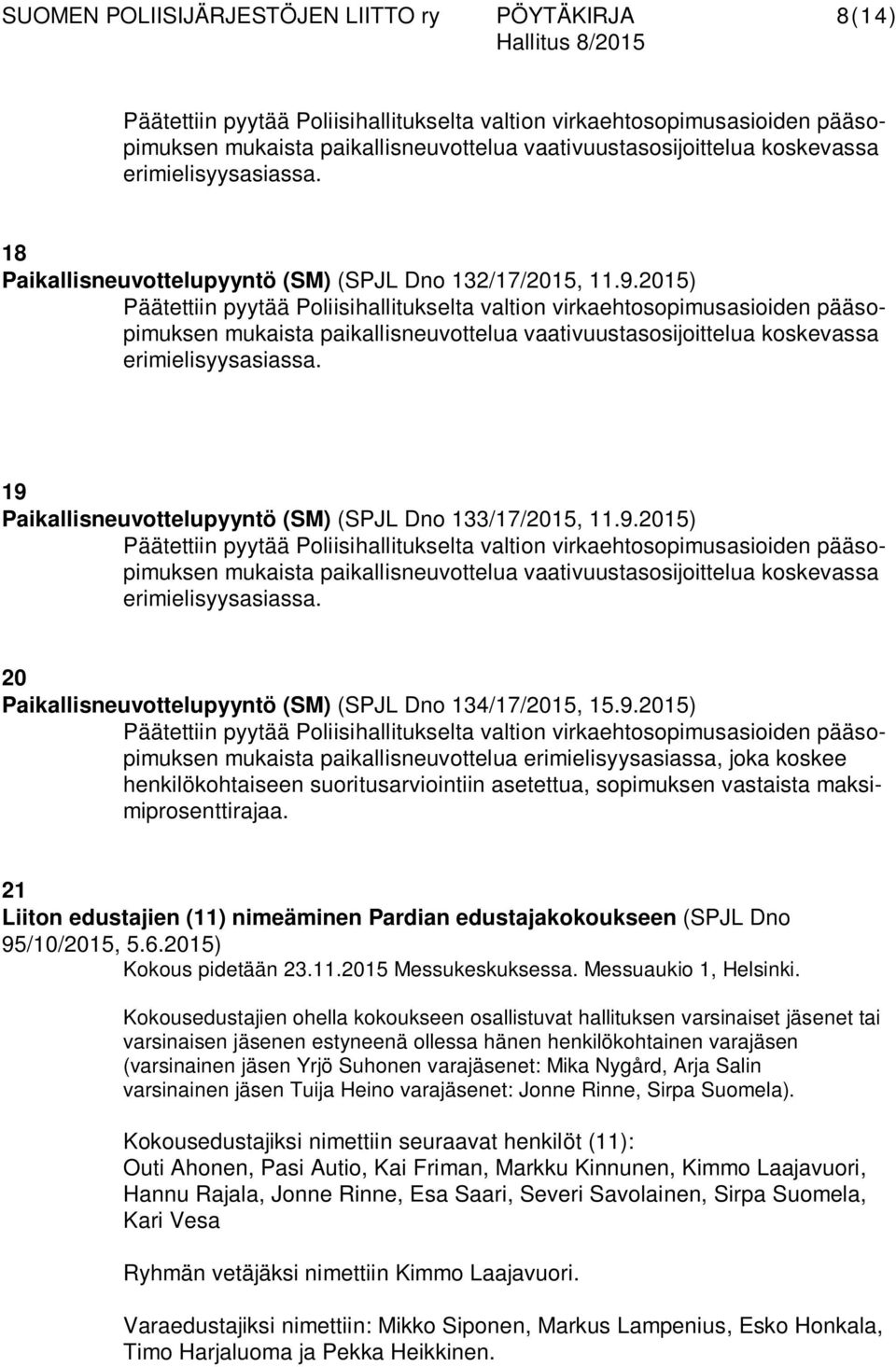 21 Liiton edustajien (11) nimeäminen Pardian edustajakokoukseen (SPJL Dno 95/10/2015, 5.6.2015) Kokous pidetään 23.11.2015 Messukeskuksessa. Messuaukio 1, Helsinki.