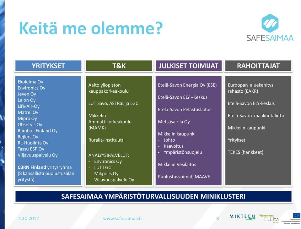 Viljavuuspalvelu Oy CBRN Finland yritysryhmä (8 kansallista puolustusalan yritystä) Aalto yliopiston kauppakorkeakoulu LUT Savo, ASTRaL ja LGC Mikkelin Ammattikorkeakoulu (MAMK) Ruralia-instituutti