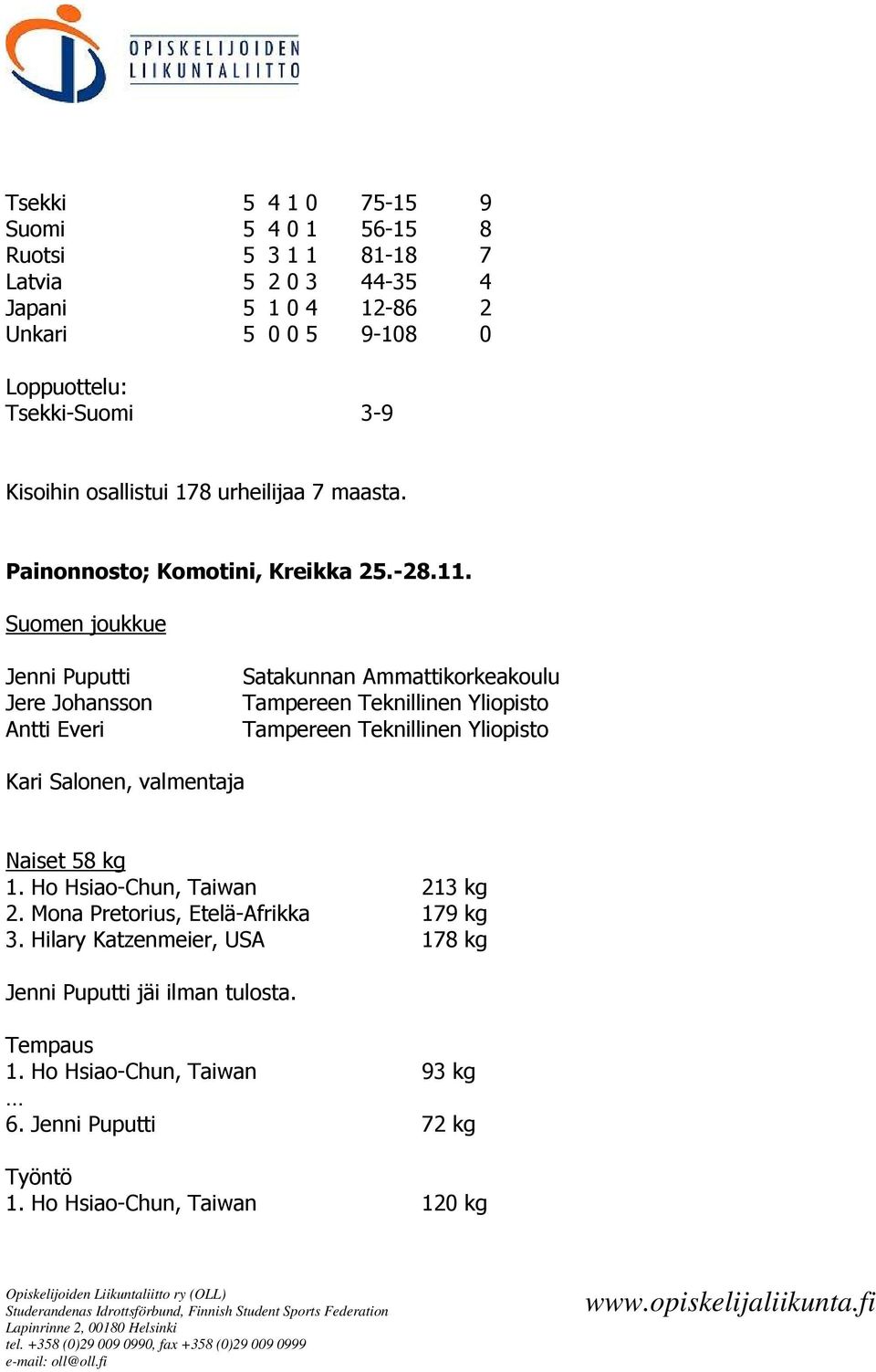 Jenni Puputti Jere Johansson Antti Everi Satakunnan Ammattikorkeakoulu Tampereen Teknillinen Yliopisto Tampereen Teknillinen Yliopisto Kari Salonen, valmentaja Naiset