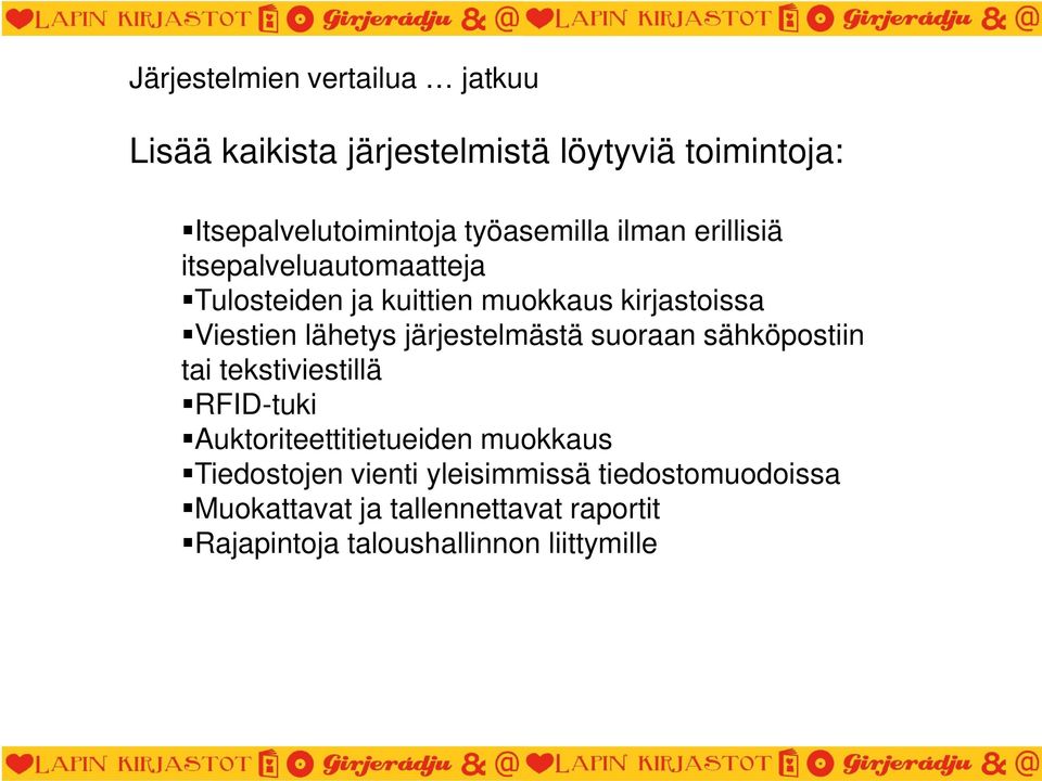 lähetys järjestelmästä suoraan sähköpostiin tai tekstiviestillä RFID-tuki Auktoriteettitietueiden muokkaus