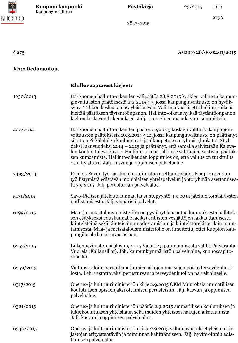 Hallinto-oikeus hylkää täytäntöönpanon kieltoa koskevan hakemuksen. Jälj. strateginen maankäytön suunnittelu. 422/2014 Itä-Suomen hallinto-oikeuden päätös 2.9.
