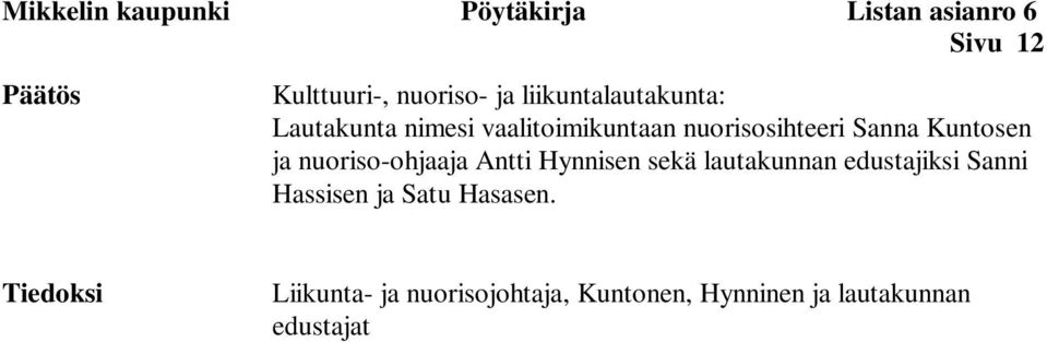 ja nuoriso-ohjaaja Antti Hynnisen sekä lautakunnan edustajiksi Sanni Hassisen ja Satu