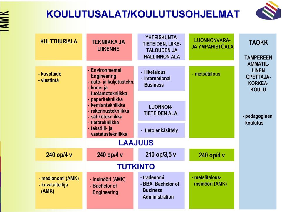 HALLINNON ALA - liiketalous - International Business 240 op/4 v 240 op/4 v 210 op/3,5 v - medianomi (AMK) - kuvataiteilija (AMK) - insinööri (AMK) -Bachelor of Engineering LAAJUUS TUTKINTO