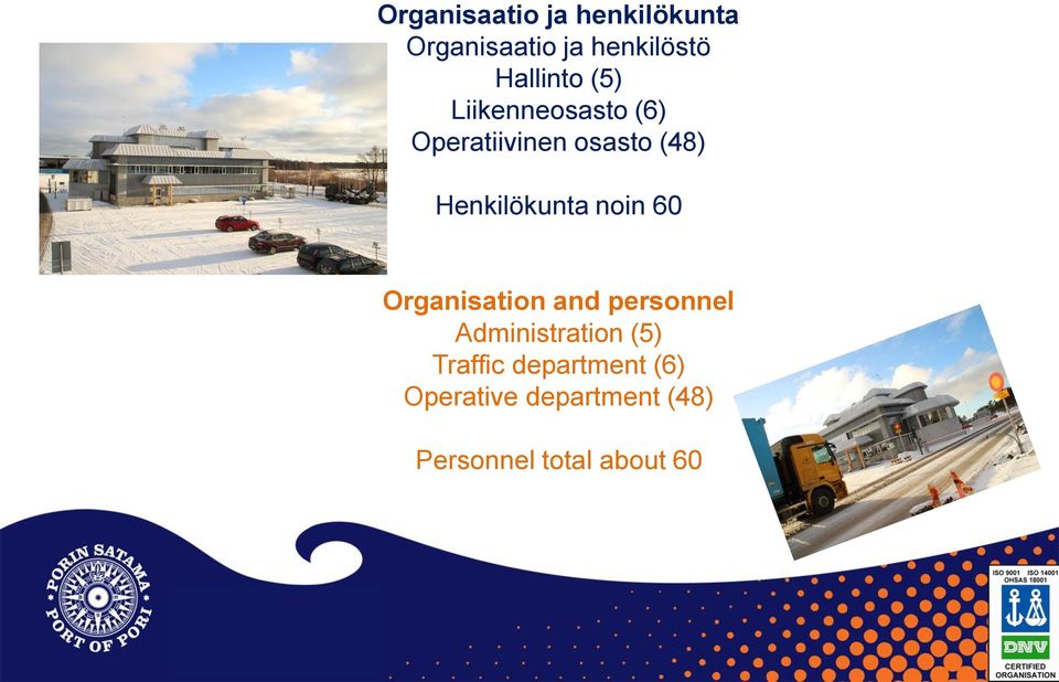 Henkilökunta noin 60 Organisation and personnel Administration