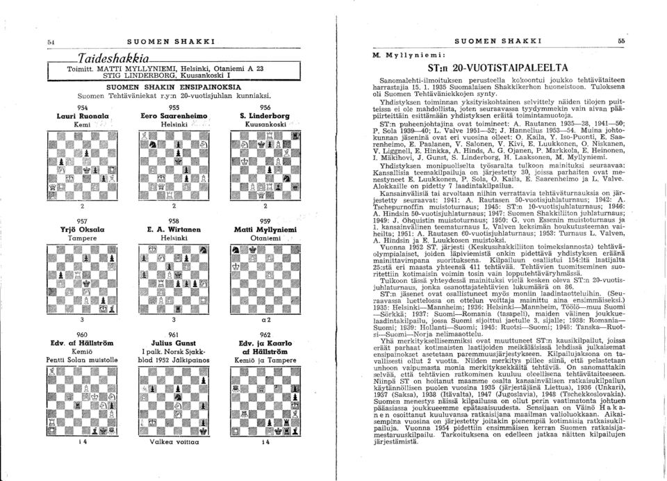 Wirtanen Helsinki 3 961 Valkea voittaa 956 S. Linderborg Kuusankoski 2 959 Matti Myllyniemi Otaniemi a2 962 Edv. ja Kaarlo af Hällström Kemiö ja Tampere i4 SUOMEN SHAKKI 55 M.