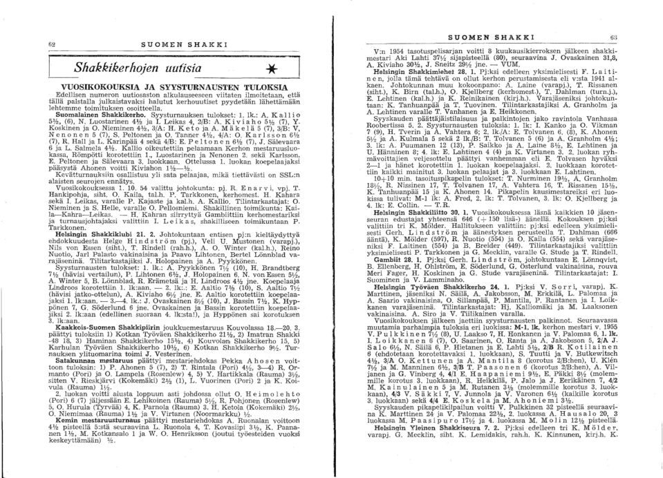 K i via h 0 5% (7), Y. Koskinen ja O. Nieminen 4,%, 3'/A: H. K et 0 ja A. Mä k elä 5 (7), 3jB: V, Ne no ne n 5 (7), S. Peltonen ja O. Tanner 41/2, 4/A: O. K ari s S 0 n 6% (7), R. Hall ja L.
