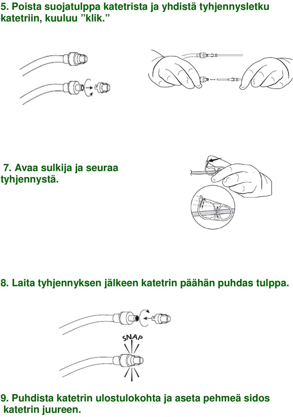 Laita tyhjennyksen jälkeen katetrin päähän puhdas tulppa. 9.