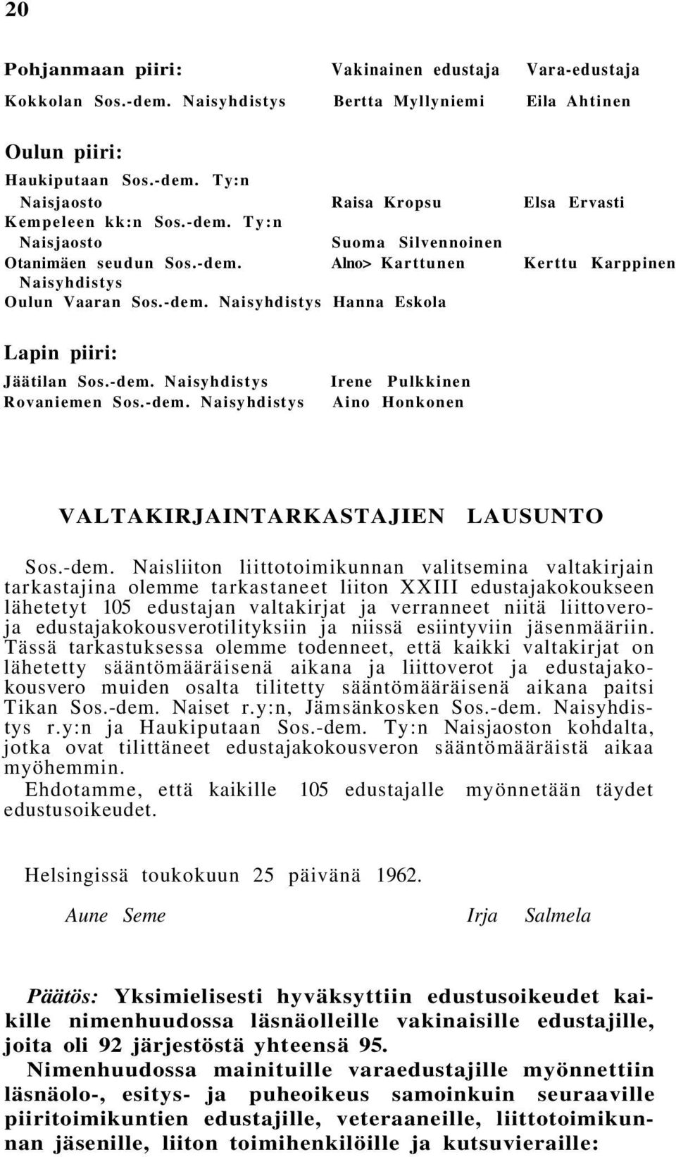 -dem. Naisyhdistys Irene Pulkkinen Aino Honkonen VALTAKIRJAINTARKASTAJIEN LAUSUNTO Sos.-dem. Naisliiton liittotoimikunnan valitsemina valtakirjain tarkastajina olemme tarkastaneet liiton XXIII