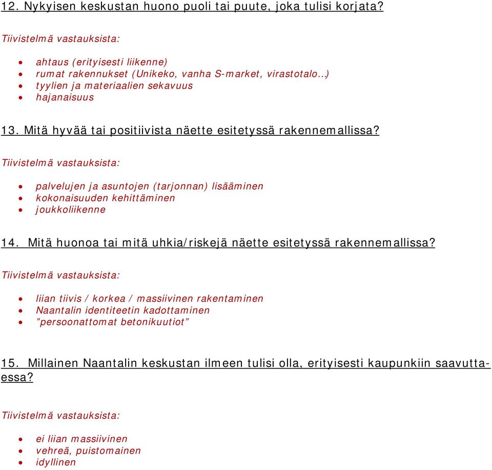 Mitä hyvää tai positiivista näette esitetyssä rakennemallissa? Tiivistelmä vastauksista: palvelujen ja asuntojen (tarjonnan) lisääminen kokonaisuuden kehittäminen joukkoliikenne 14.