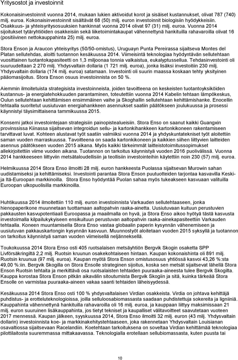 Vuonna 2014 sijoitukset tytäryhtiöiden osakkeisiin sekä liiketoimintakaupat vähennettynä hankituilla rahavaroilla olivat 16 (positiivinen nettokauppahinta 25) milj. euroa.