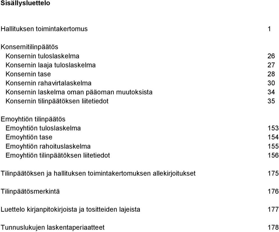 Emoyhtiön tuloslaskelma 153 Emoyhtiön tase 154 Emoyhtiön rahoituslaskelma 155 Emoyhtiön tilinpäätöksen liitetiedot 156 Tilinpäätöksen ja hallituksen